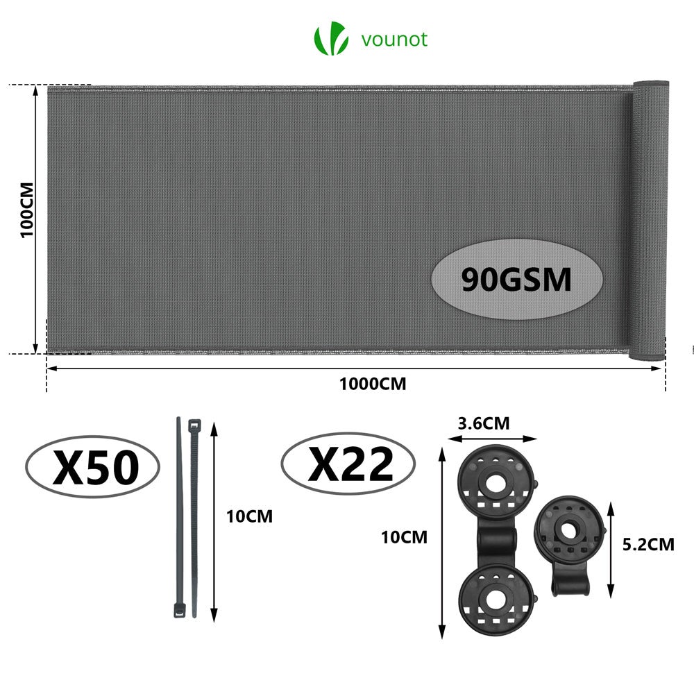 Brise vue occultant en HDPE 90g/m² 1x10m avec attaches de fixation gris VOUNOT® - 2