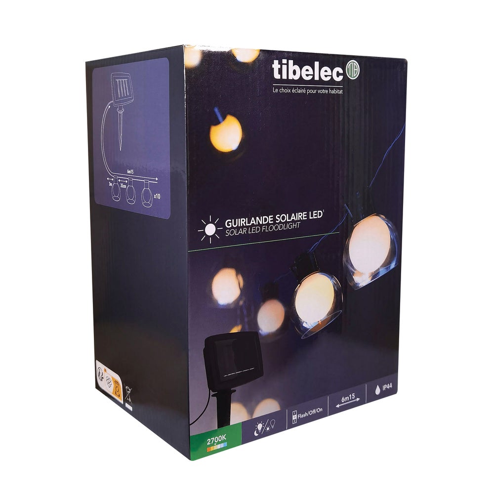 Guirlande Guinguette Solaire LED 6.15m, 10 ampoules, 2700K Blanc-chaud, IP44, Crépusculaire - Tibelec - 6