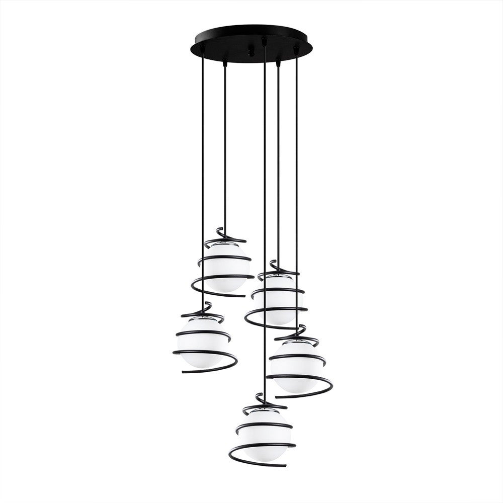 Lampă suspendată Galene 5 lumini cu structură de metal în Negru și esferas de sticlă blancas