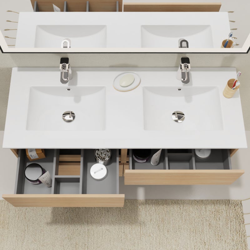 Meuble salle de bain 120 cm - Double vasque céramique - Effet chêne sonoma - A suspendre - Karaib 2 - 2