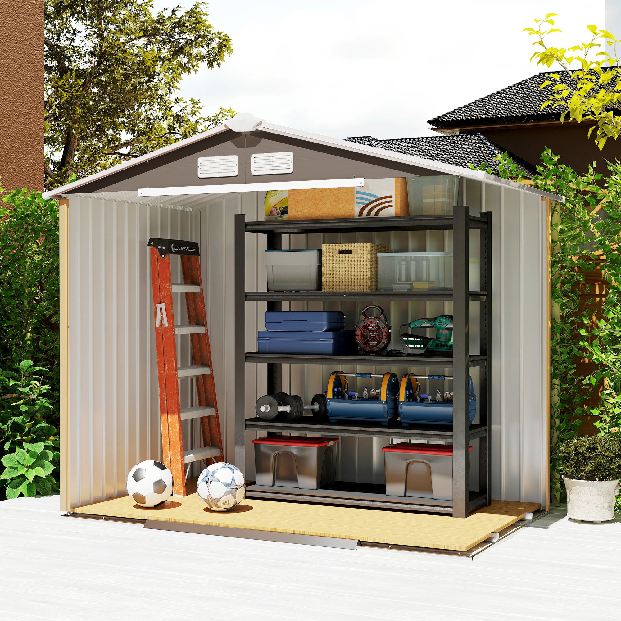 Caseta de jardín con 2 puertas correderas Outsunny gris 213x130x185 cm - 5