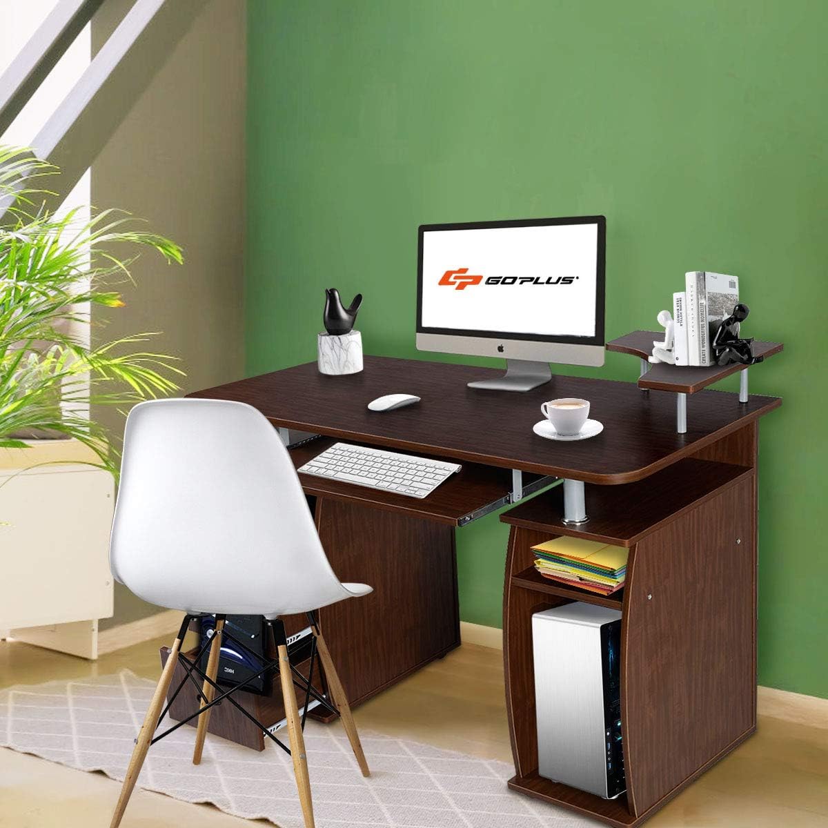 Bureau Informatique 120 x 55 x 85CM, Bureau d'angle avec Tablette Imprimante,avec de Nombreux rangements et Tablette à Clavier Coulissant, Noyer - 7