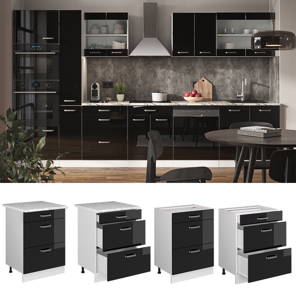 Vicco Meuble cuisine R-Line, Noir Haute brillance, 60cm avec tiroirs, sans PT - 2
