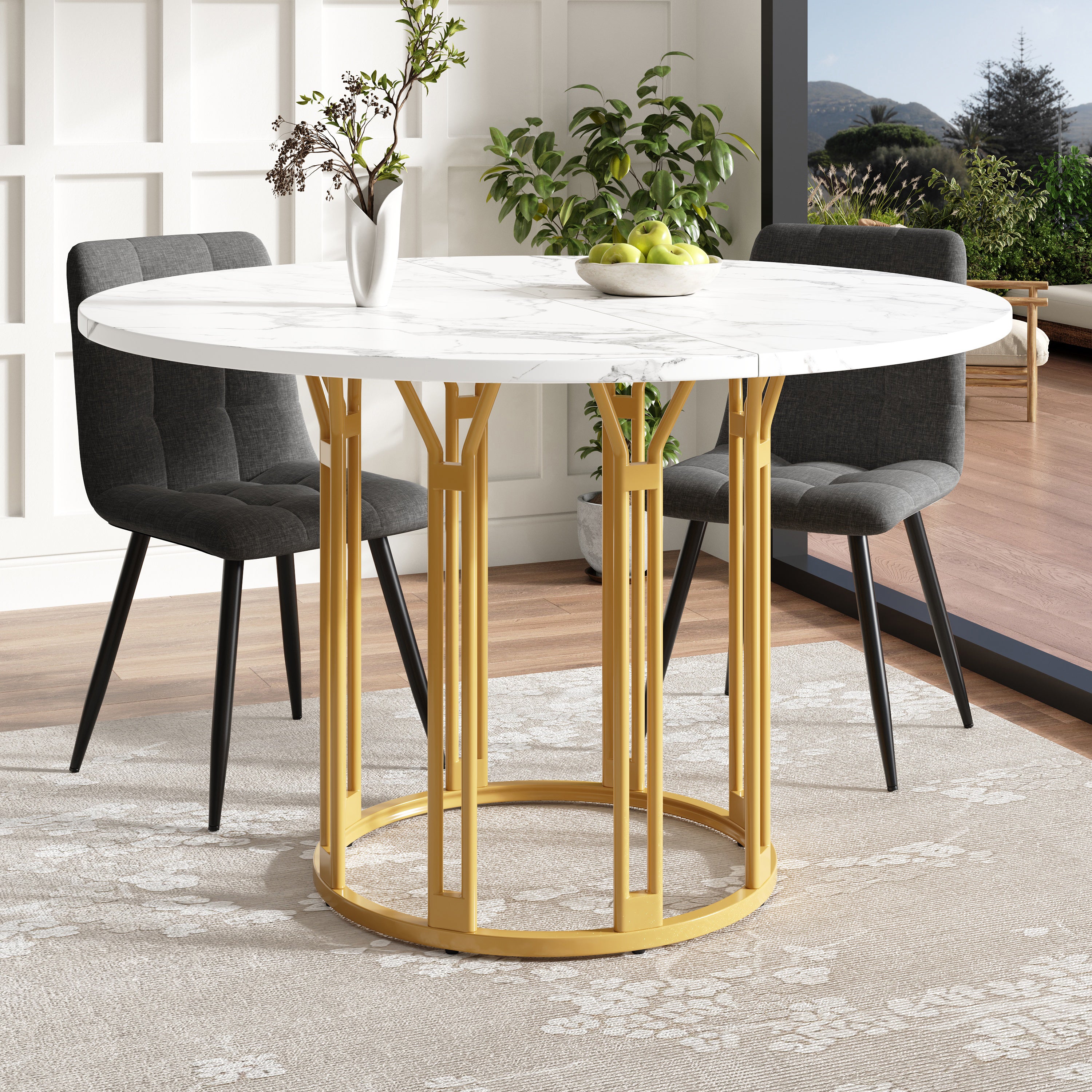 Table à manger ronde 100cm - Plateau marbre - Pieds métal or/noir ...