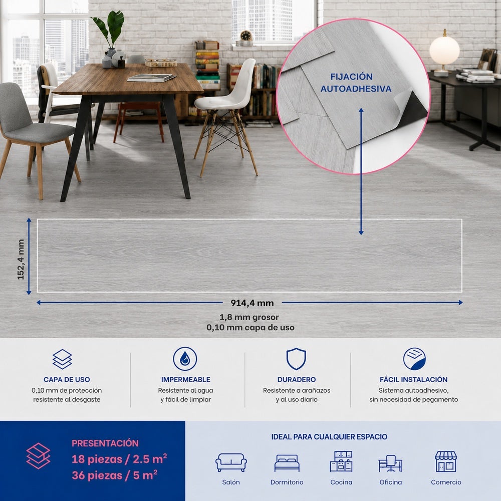 Arquiservi® - Pavimento Vinílico Autocolante PVC Carvalho Cinza 2,5 m² - Sala e Jantar | Resistente à Água | Durável | 2mm - 4