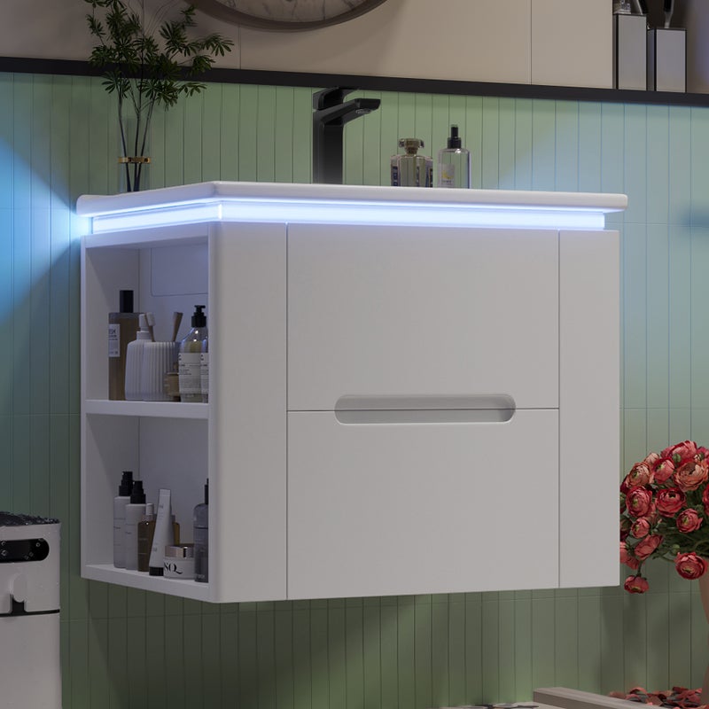 Podwieszane meble łazienkowe z ceramiczną umywalką - z oświetleniem LED - 2 szuflady - 2 boczne półki - biały (bateria nie jest dołączona)
