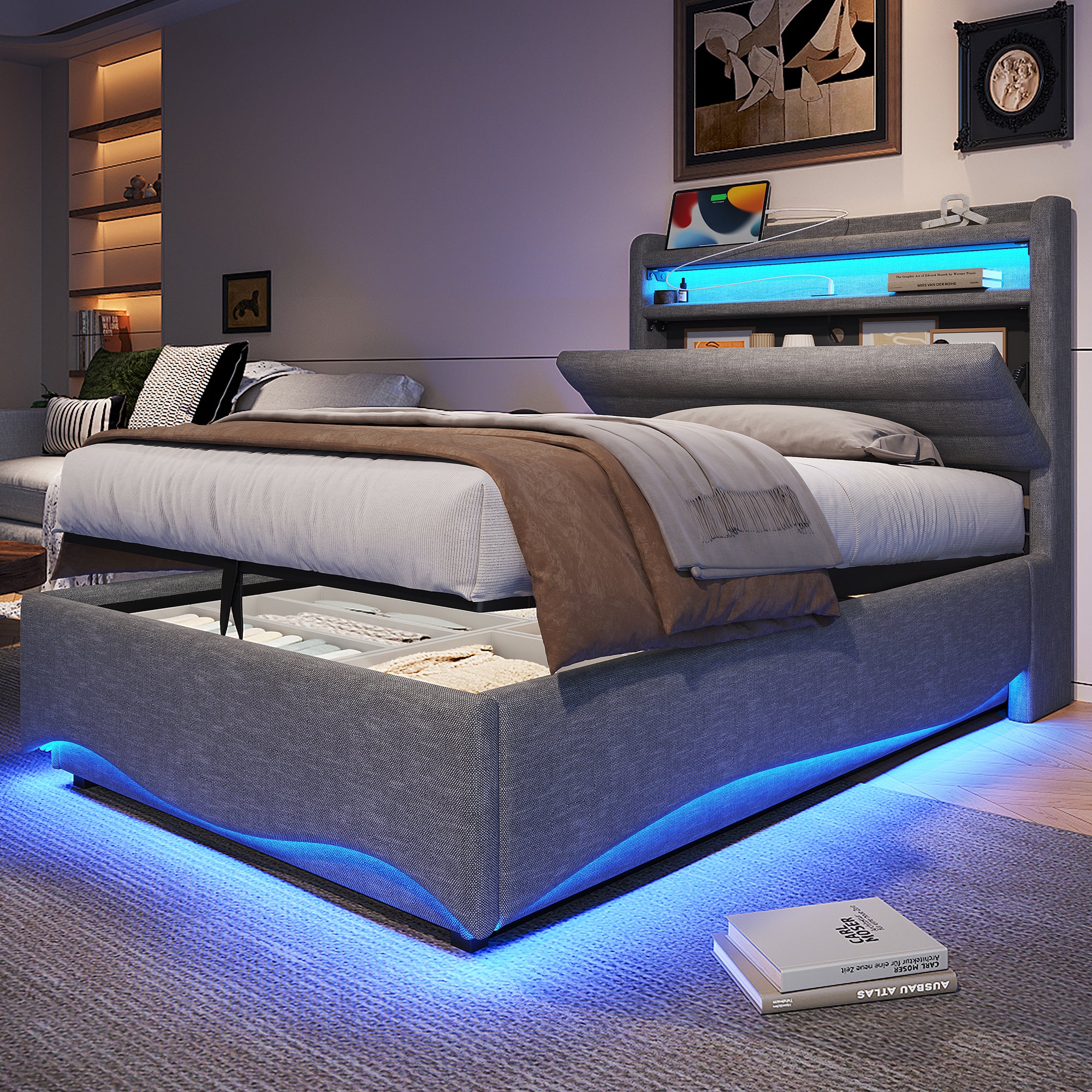 Łóżko z pojemnikiem na pościel 90 x 200 cm i zagłówkiem - Tkanina lniana - Diody LED + porty USB i typu C - Szare (Materac nie jest wliczony w cenę)