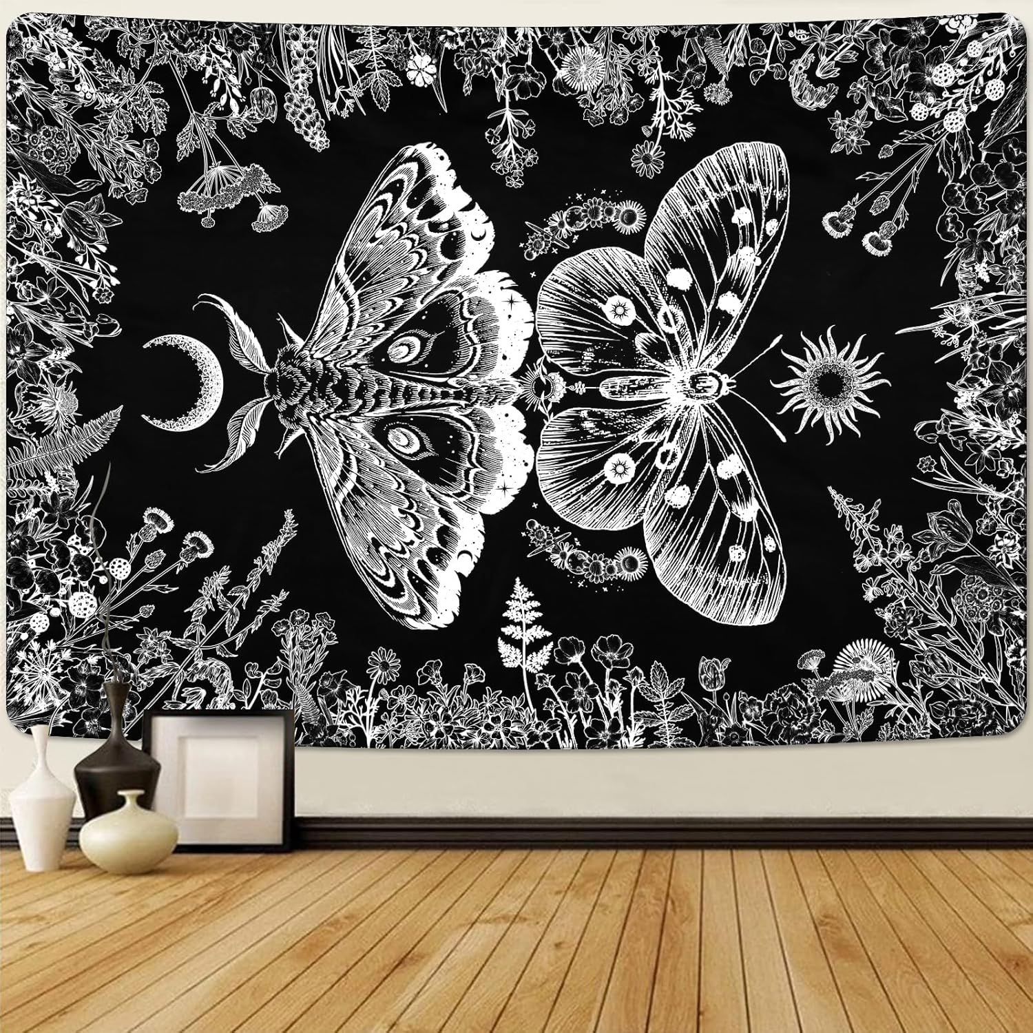 Estetyczny gobelin motyl, rośliny, kwiaty, księżyc, czarno-biały gobelin do powieszenia na ścianie w sypialni, akademiku (130 x 150 cm)