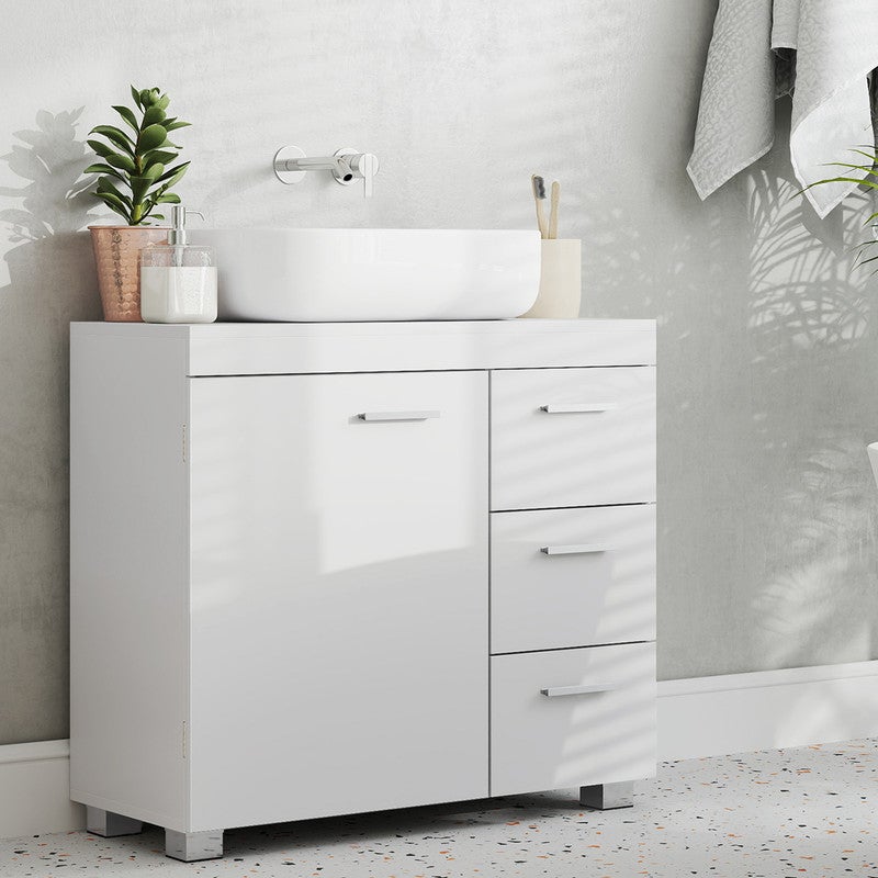 Meuble sous Lavabo, 3 Tiroirs Latéraux, 2 Cases Derrière la Porte, avec Pieds, 30 x 70 x 64 cm, Blanc Nuage - 2