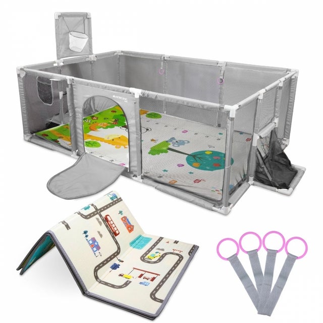 Parque infantil com tapete Mobiclinic Cercadinho bebé Tapete 128 x 233 cm Aros Cesto e rede de futebol Saco de transporte Kidland