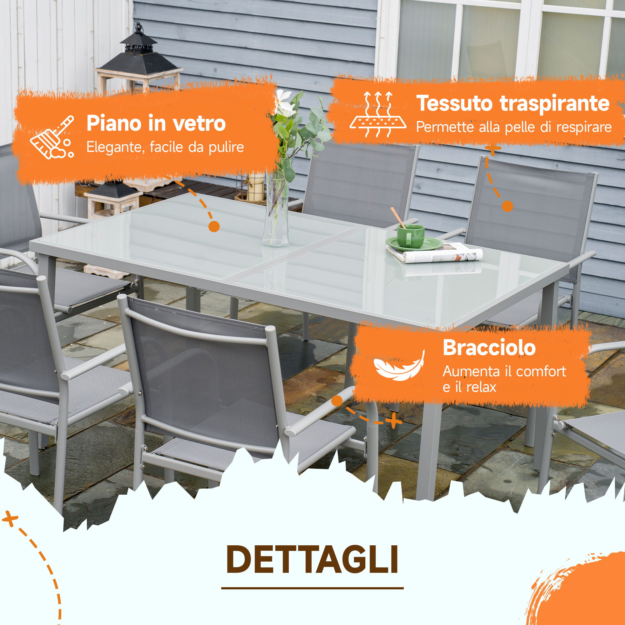 Outsunny Set da Giardino con Tavolo in Vetro Temperato e 6 Sedie con Tessuto a rete, Grigio - 6