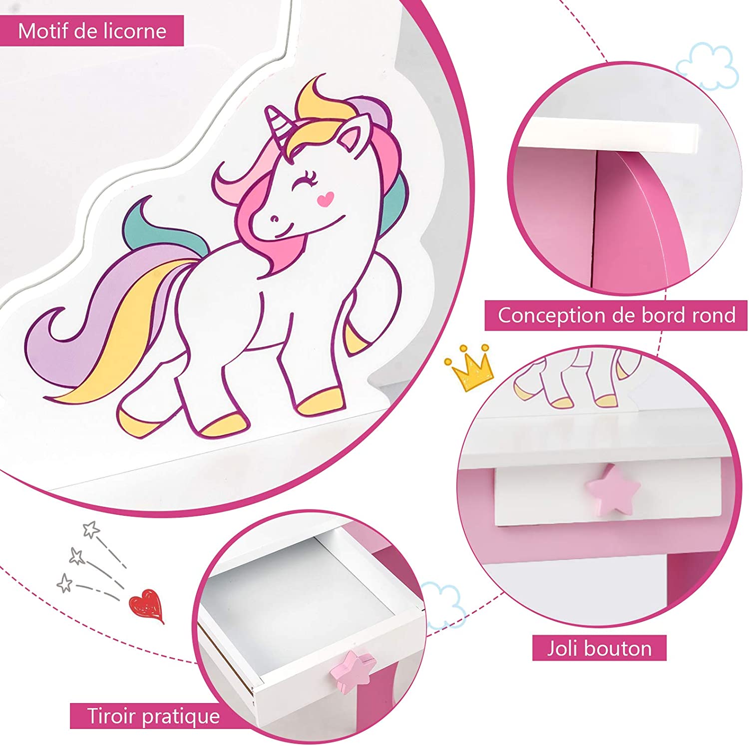 Set Toeletta per Ragazza, Toeletta Trucco per Bambini con Sgabello, Specchio Staccabile e Cassetto, Postazione Trucco in Legno per Cameretta 4 - 3