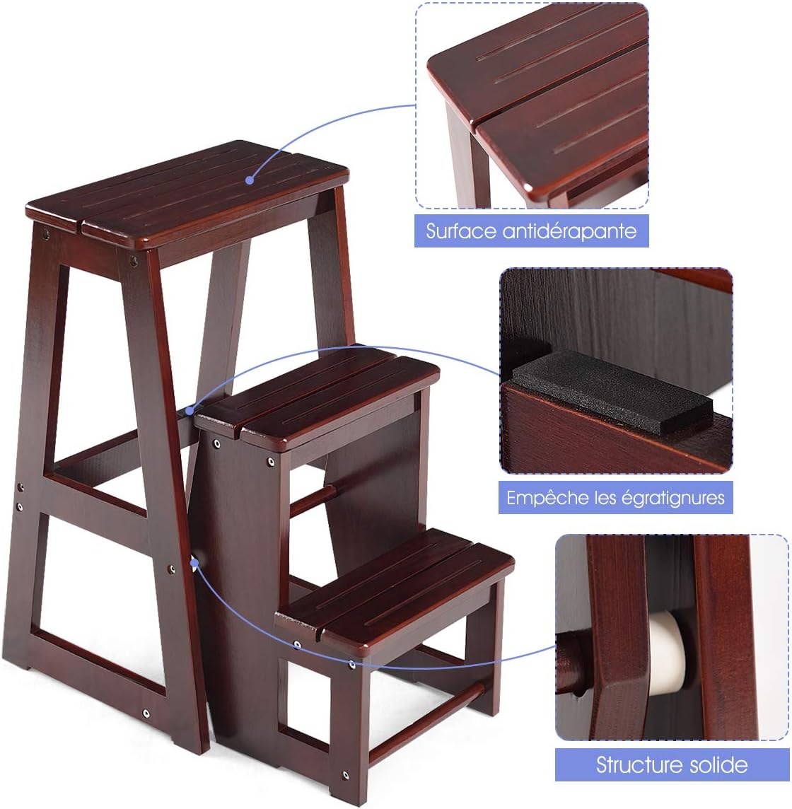Tabouret d'Echelle 3 Marches Tabouret d’Escabeau Pliable 3 Etages, 57 x 39 x 65 CM, Fait en Bois de Pin (Brun) - 5