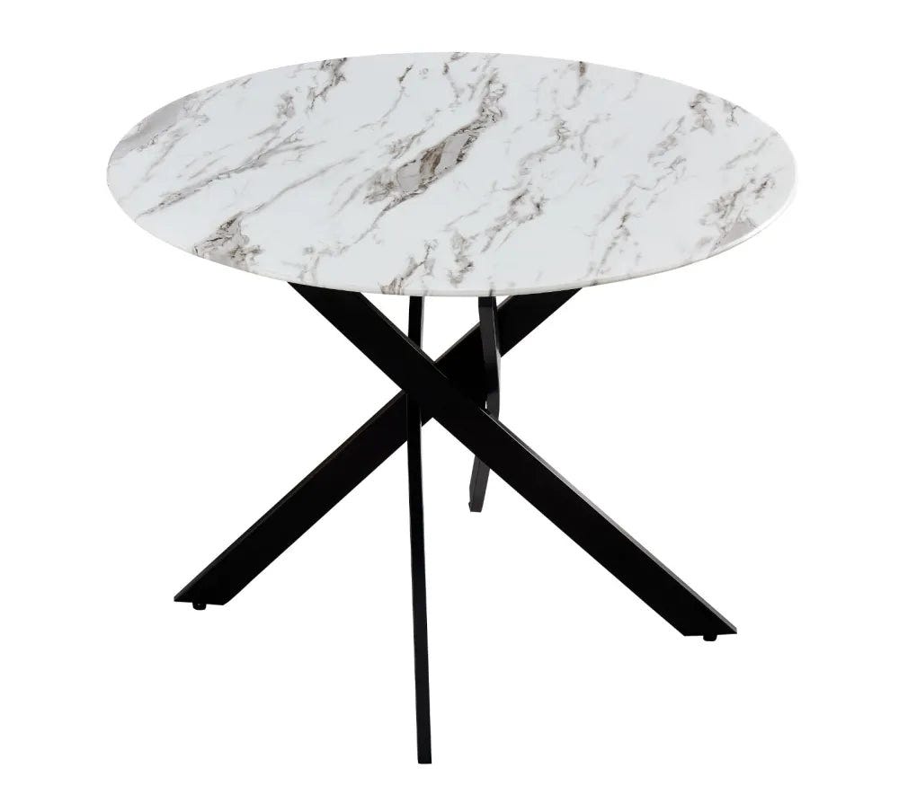 Table à manger ronde JESSICA en MARBRE BLANC pieds Métal noir 100 cm 4 ...