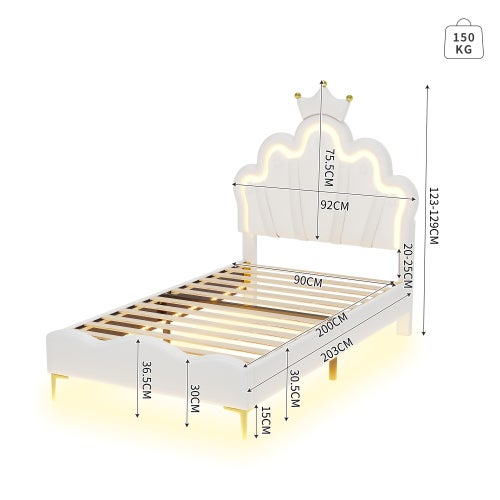 Łóżko pojedyncze 90x200 cm, łóżko księżniczki w kształcie korony, listwa świetlna LED ambient, PU, ​​białe - 3