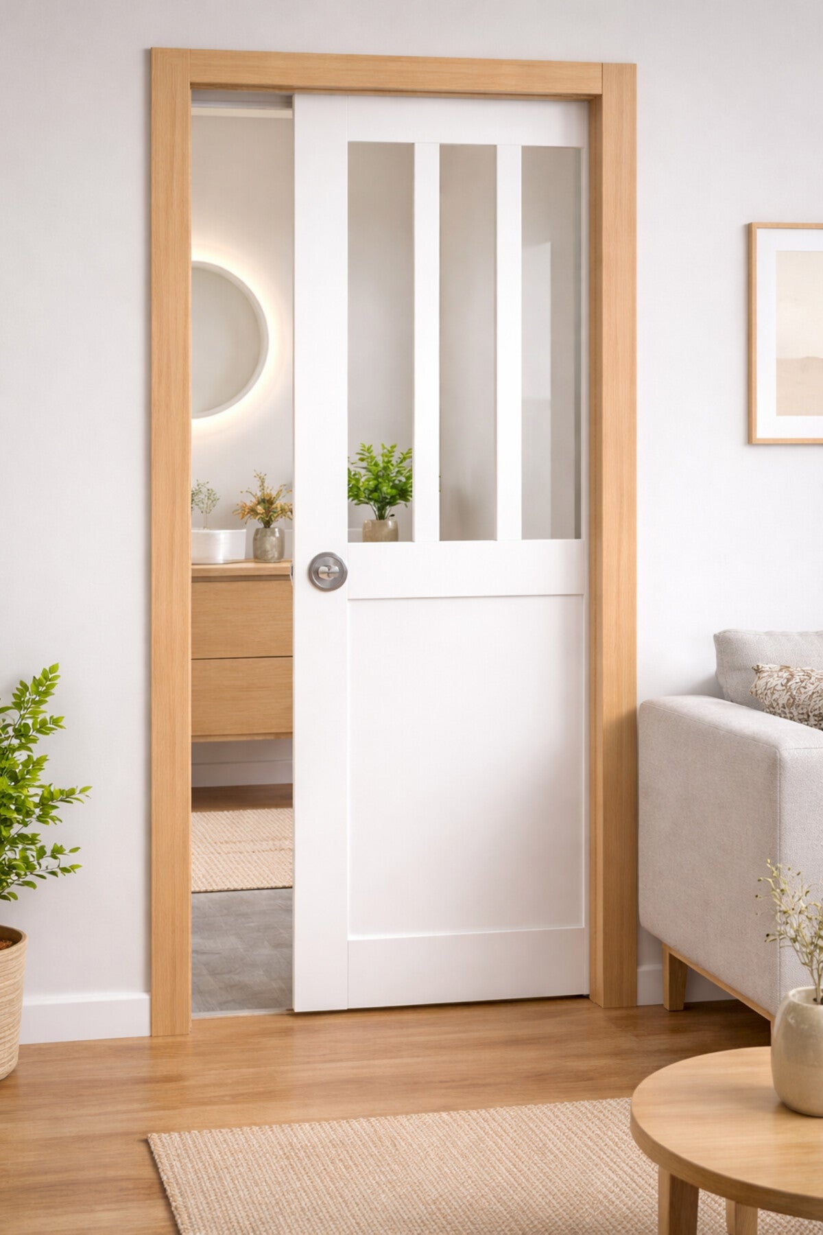 Puerta corredera de taller blanca h204 x l73 cm, empotrada, kit de acabado gd menuiseries sin manilla