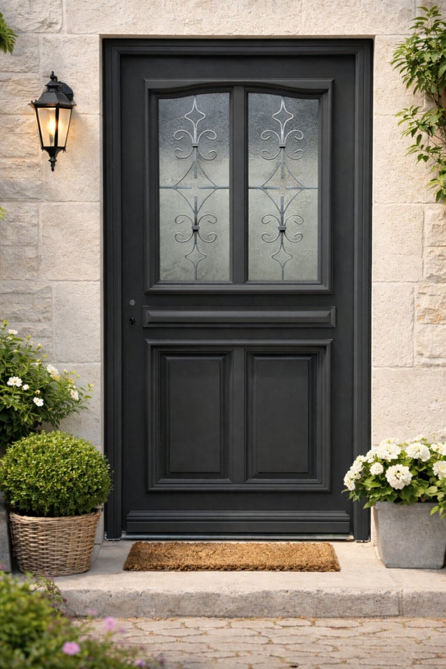 Porte D'entrée Bois Vitrée Mathilde Gris Anthr, H215 X L90 Cm P,droit Côte Tableau Gd Menuiseries