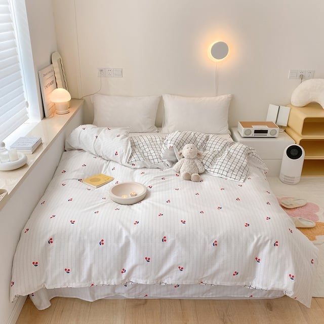 Motif cerises blanches, rayé, 200 x 230 cm, motif cœur rose, housse de couette avec fermeture éclair