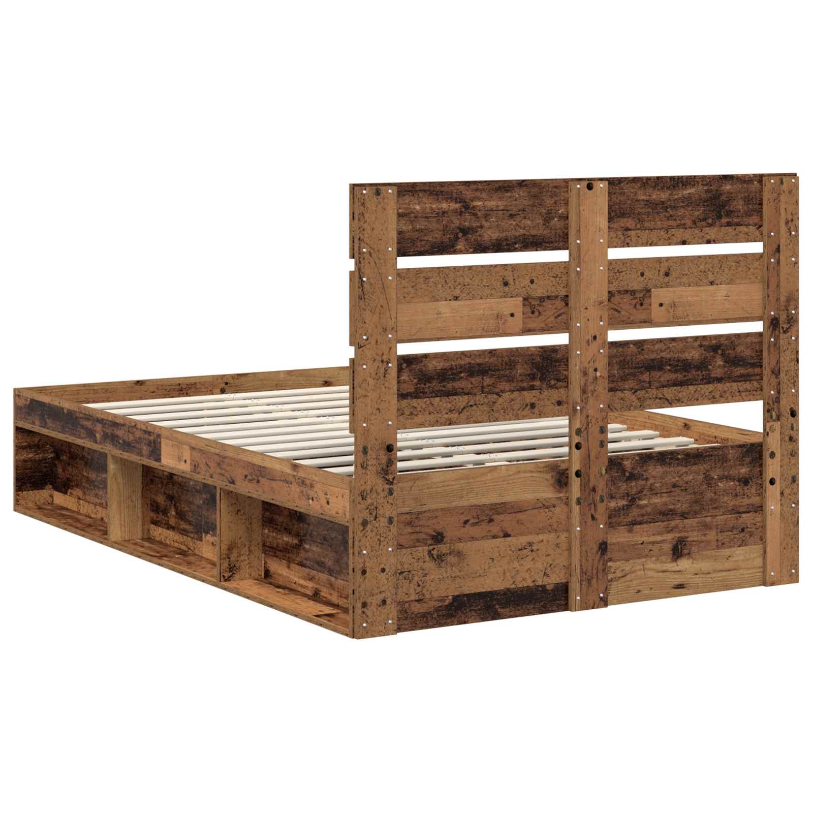 Cadre de lit, finition bois ancien, en bois de pin massif, pour la chambre, 135 × 190 cm - 9