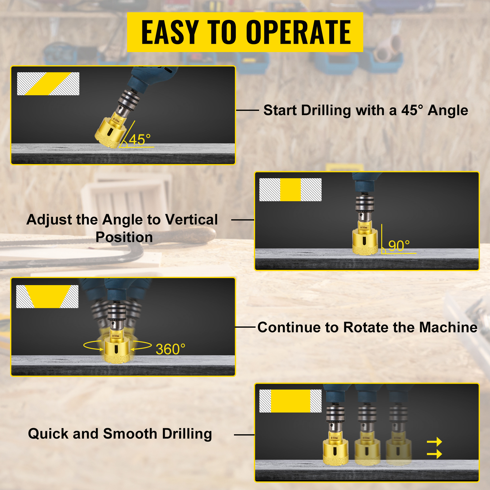 6Pcs Trépan Diamant Scie Cloche Foret Diamanté VEVOR 20/35/40/45/50/68mm Avec Filetage M14 pour Meuleuse Carrelage Granit Marbre Porcelaine - 5