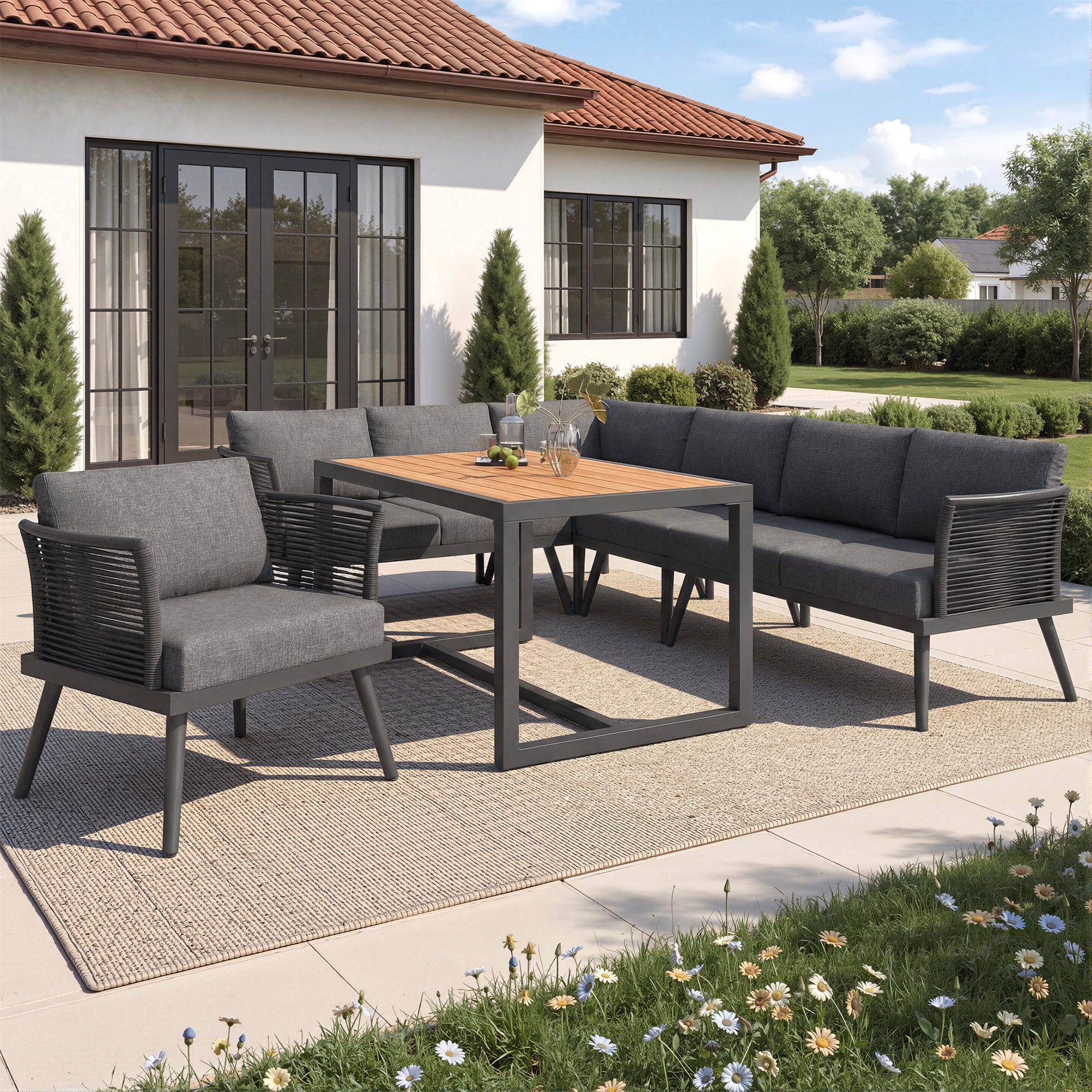 Ensemble de canapé de jardin 7 places,Canapé d'angle extérieur en forme de L avec coussin,main courante tressée,Ensemble de jardin imperméable,Gris - 6