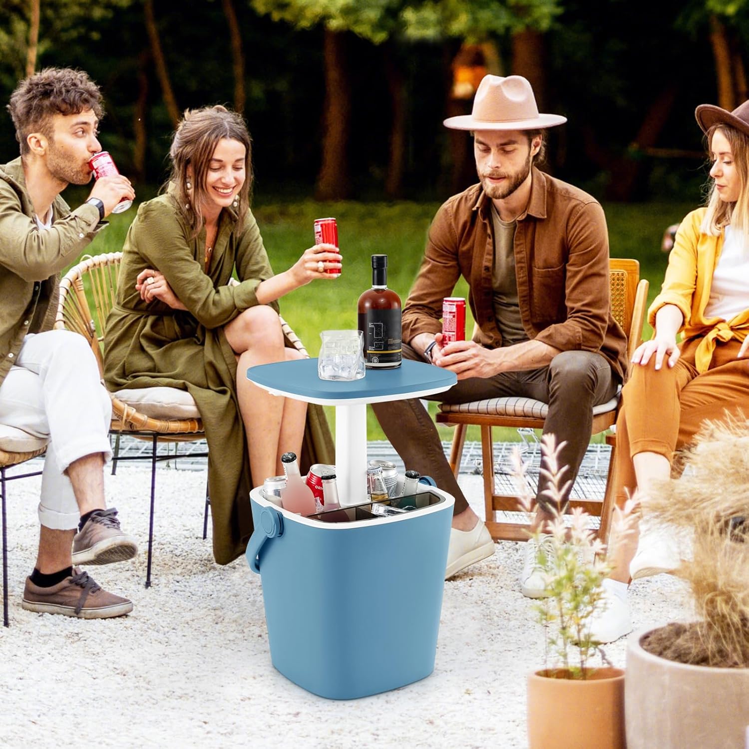 3 en 1 Table Glacière Extérieur 15 L, Table d'Appoint Patio avec Couvercle Rétractable, Compartiment, Ouvre-Bouteille et Pince Glace (Bleu) - 8