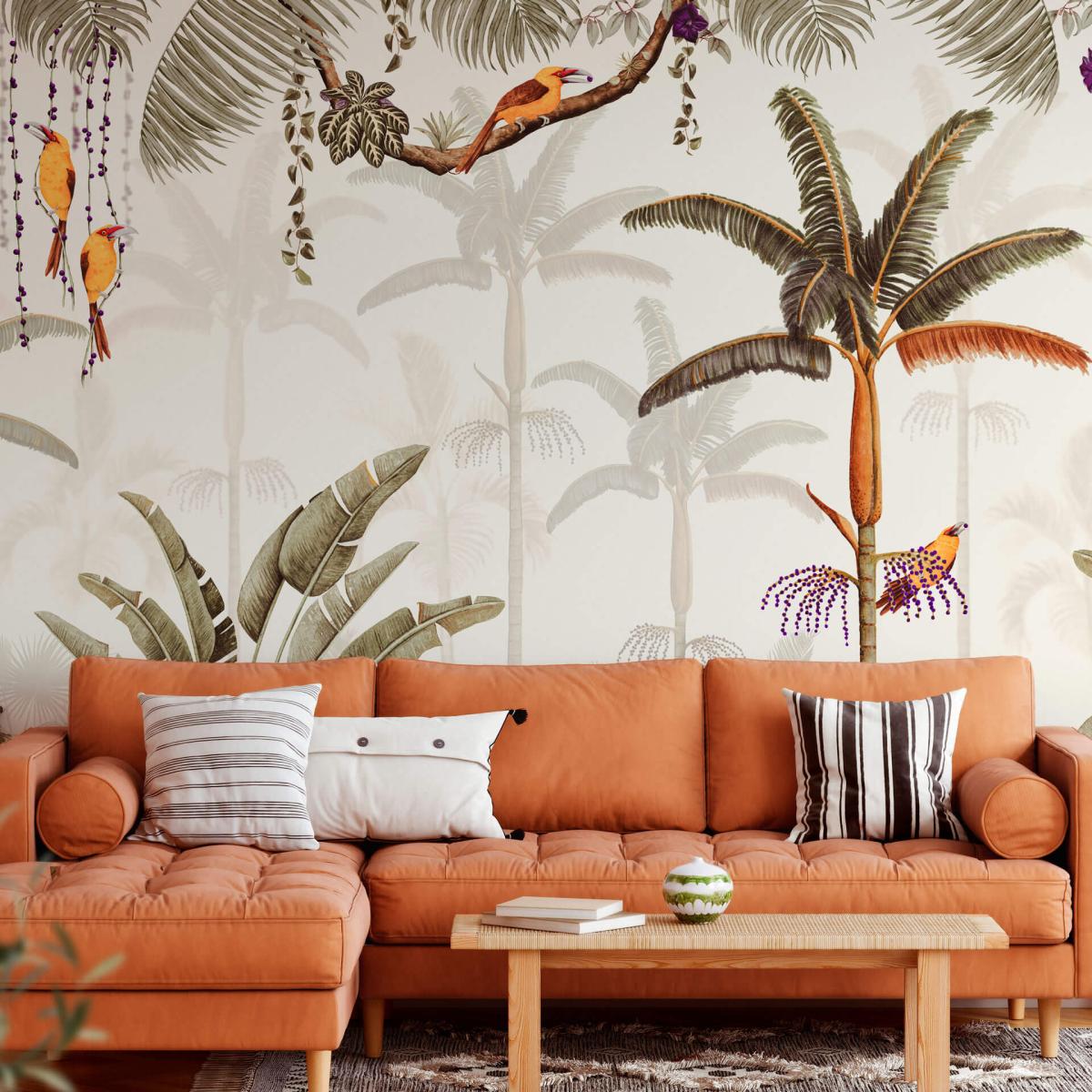 Papier peint panoramique et jungle avec oiseaux et plantes tropicales ...