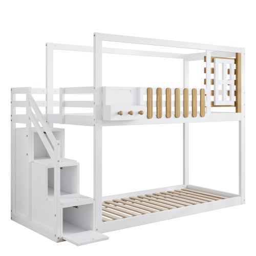 KecDuey Letto a castello con scala, letto per bambini, 90 x 200 cm e 140 x 200 cm, con cassetti e mensola, con griglia di protezione anticaduta, telaio in pino con armadietto