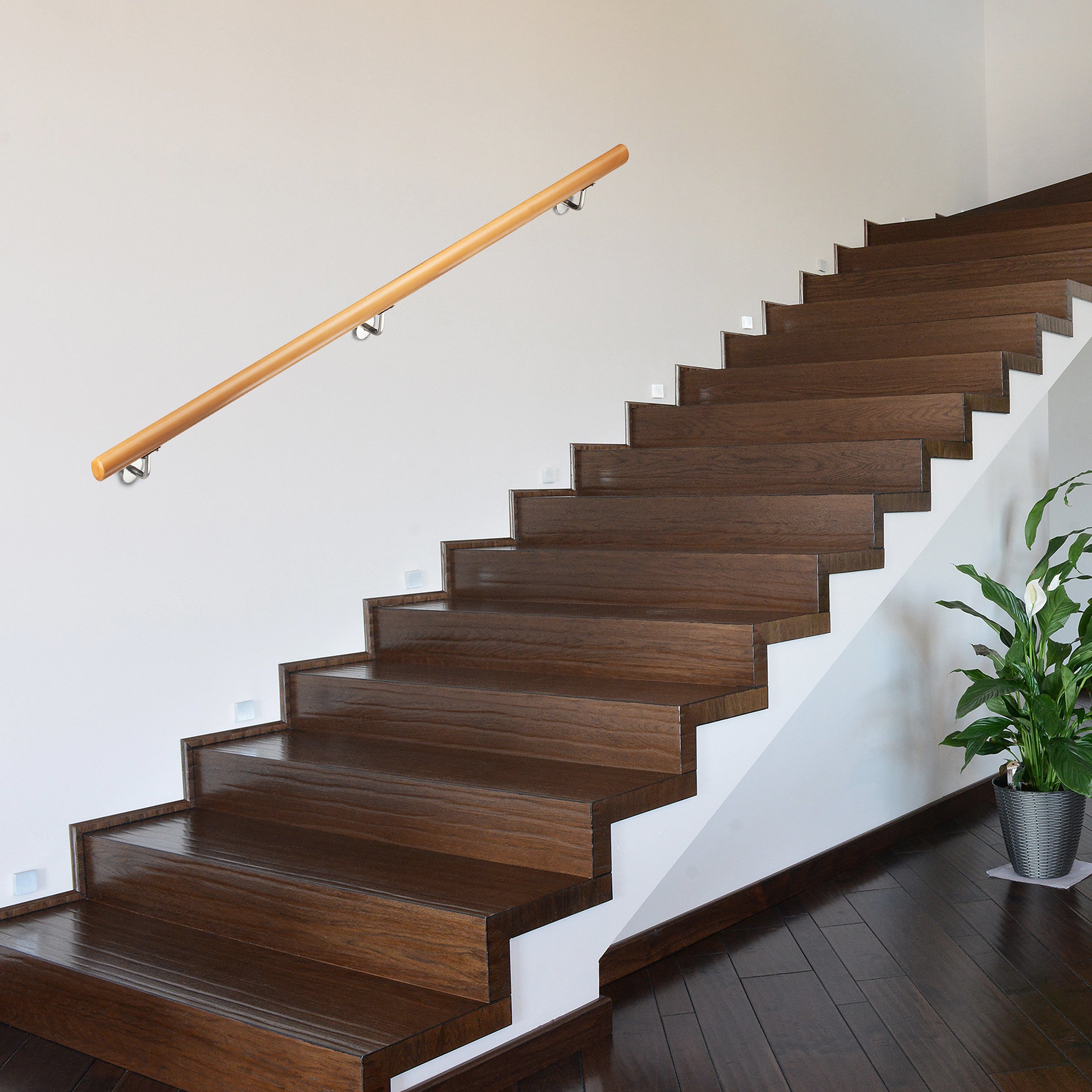 Rampe d’escalier bois, Main courante escalier bois 1500 mm/150 cm/1,5 m mural, 42 cm diamètre, nature, Relaxdays - 2