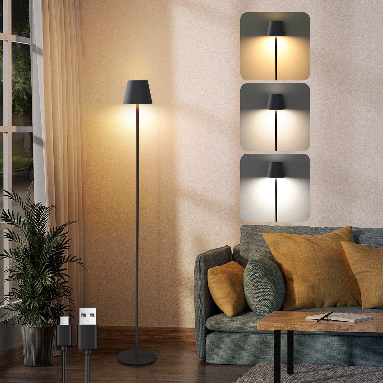 ZMH Lampa podłogowa LED do salonu, ściemnialna, IP54, nowoczesna, bezprzewodowa, 125 cm, lampa podłogowa do biura