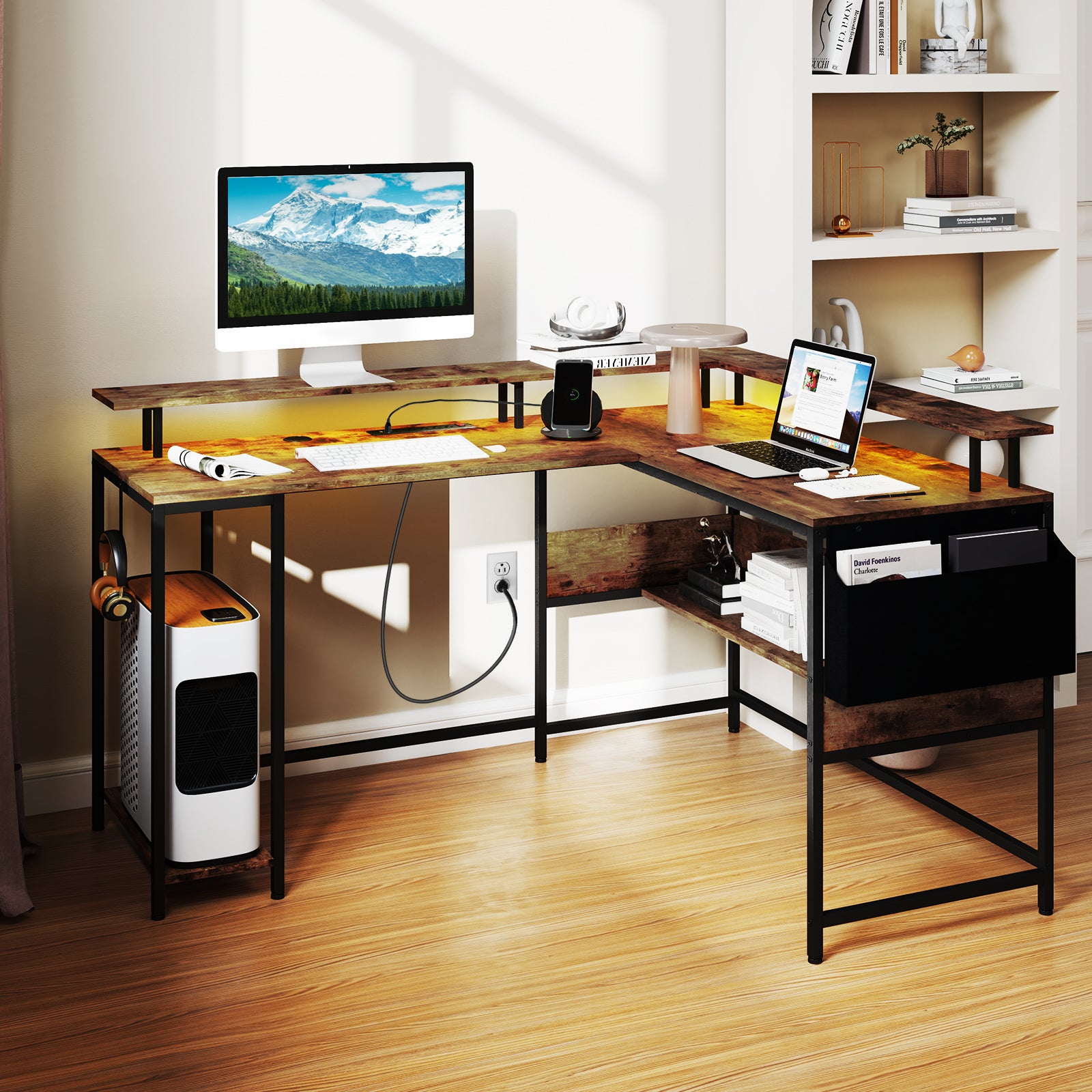 Bestier 147cm Scrivania a forma di L con prese di corrente, scrivania ad angolo per l