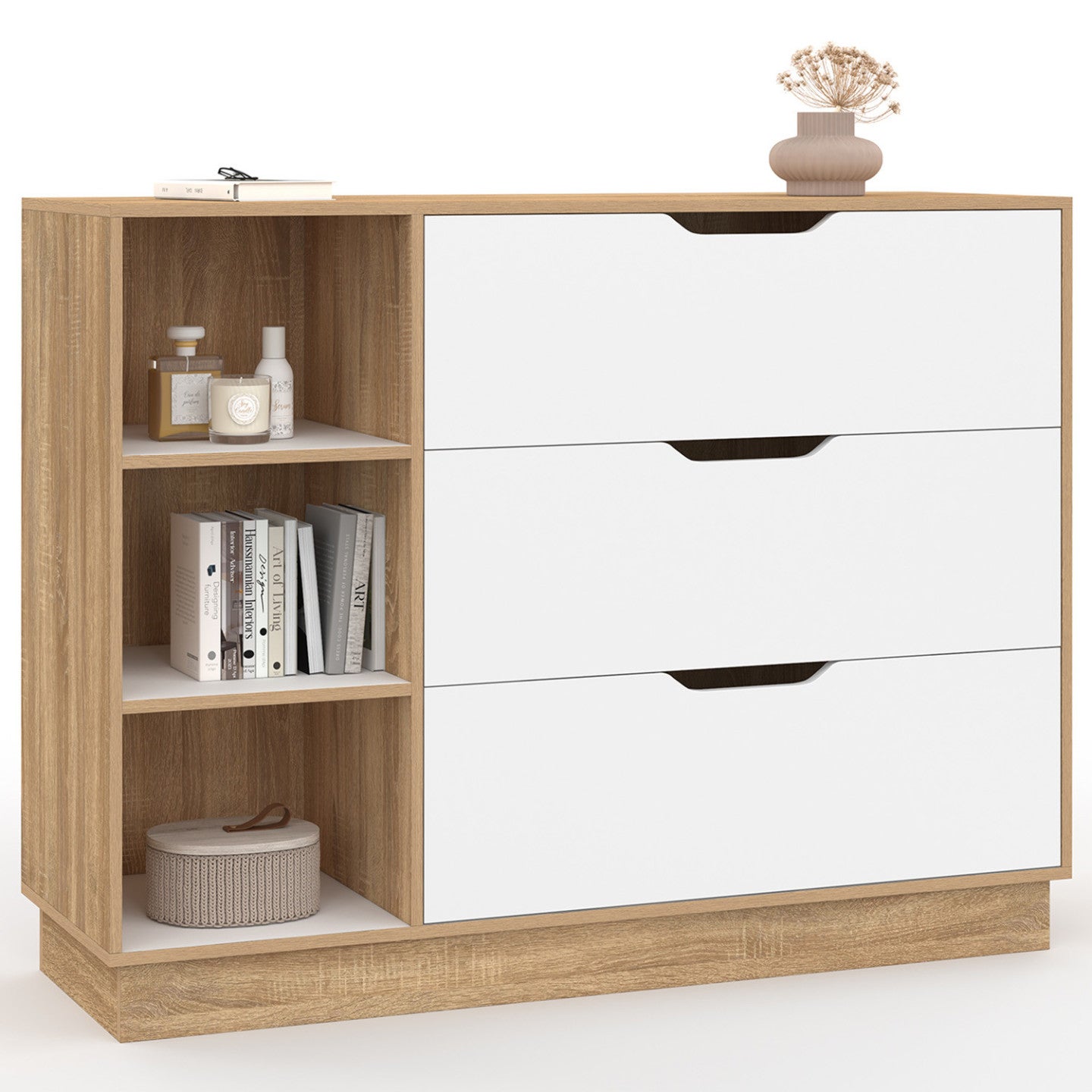 Commode 3 tiroirs et 3 niches OXANA hêtre et blanc - 2