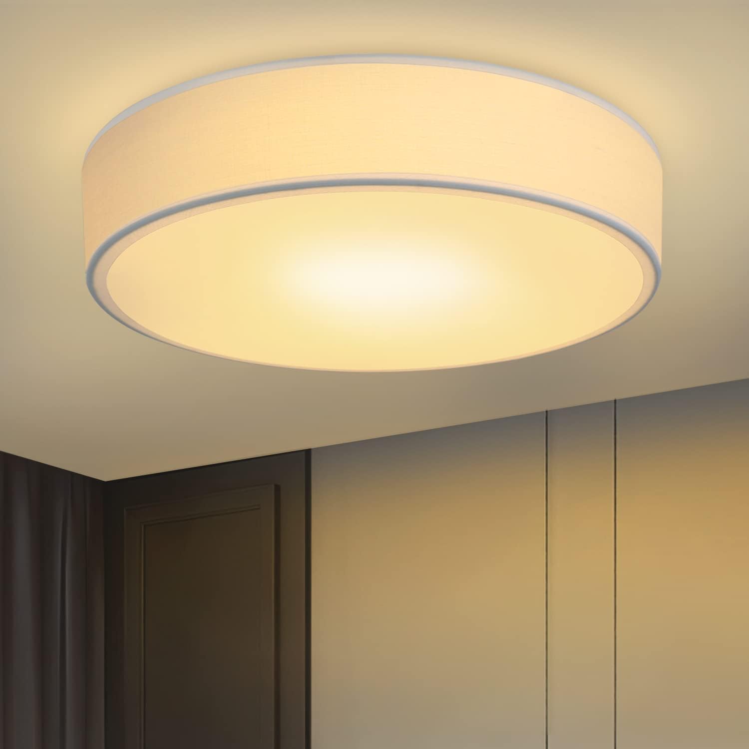 NETTLIFE Lampa sufitowa okrągła do sypialni - 1 żarówka E27 Lampa do salonu 30 CM Nowoczesna tkanina biała