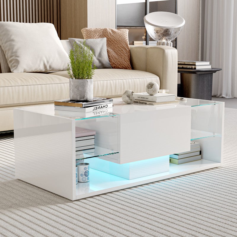 Table basse, Table basse salon LED avec espace de rangement, Table brillante avec étagère en verre, 100L x 50B x 35H cm - 3