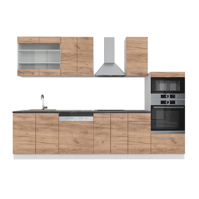 Vicco Cuisine Fame-Line, Chêne doré/blanc, 300cm avec armoire haute, sans PT