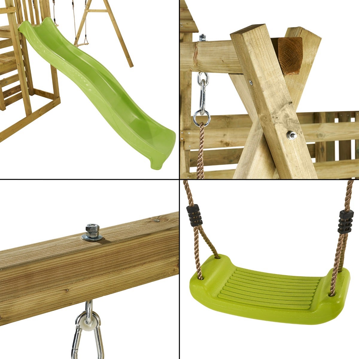 Kangui - Tour de jeux en bois avec double plateformes WOUPI - 2 Balançoires, mur d'escalade et cabane - 2