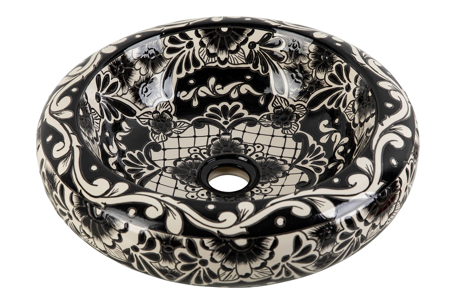 Meksykańska ceramiczna umywalka nablatowa z reliefem Serena Prima – okrągła umywalka łazienkowa 40 x 13,5 cm | Umywalka z motywami Talavera