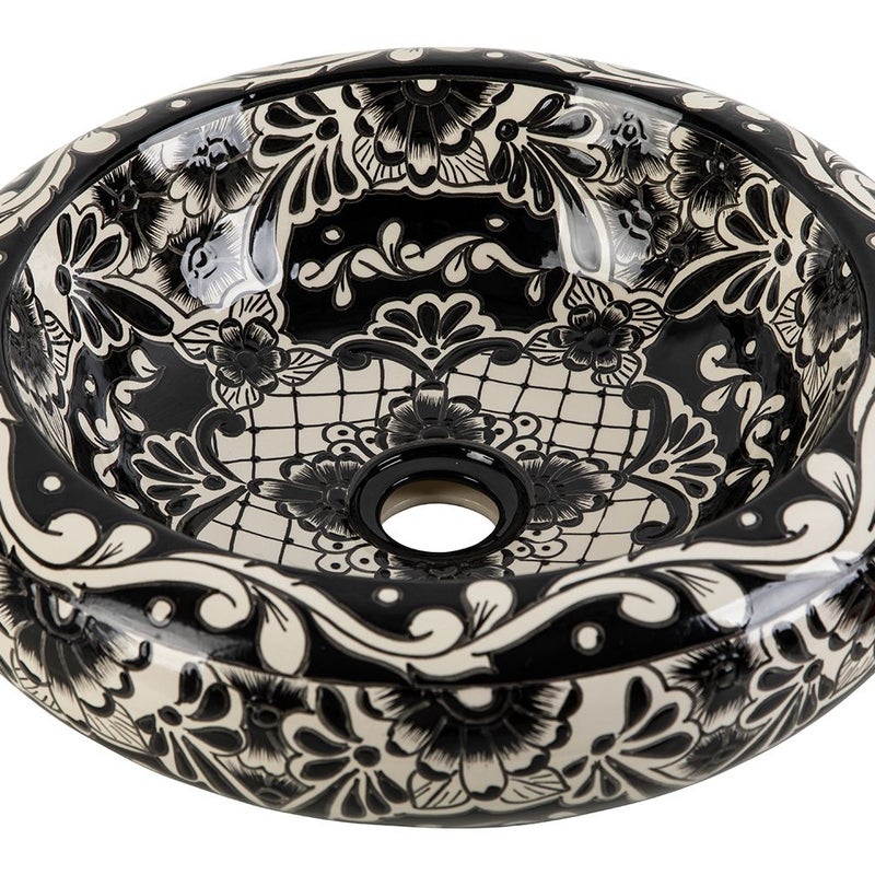 Meksykańska ceramiczna umywalka nablatowa z reliefem Serena Prima – okrągła umywalka łazienkowa 40 x 13,5 cm | Umywalka z motywami Talavera