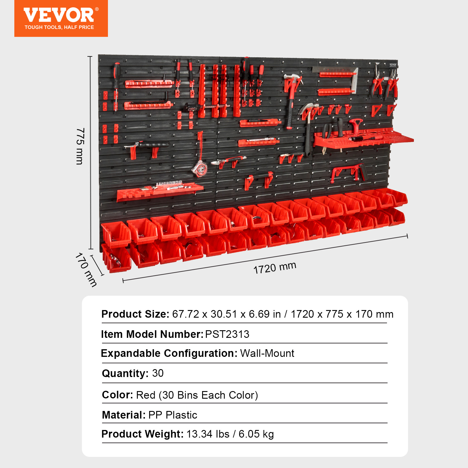 Étagère Bac à Bec Plastique,VEVOR 30 Boites Rangement Empilables Atelier Garage avec Panneaux Muraux,Organisateur Outils pour Écrous,Clous,Noir/Rouge - 7