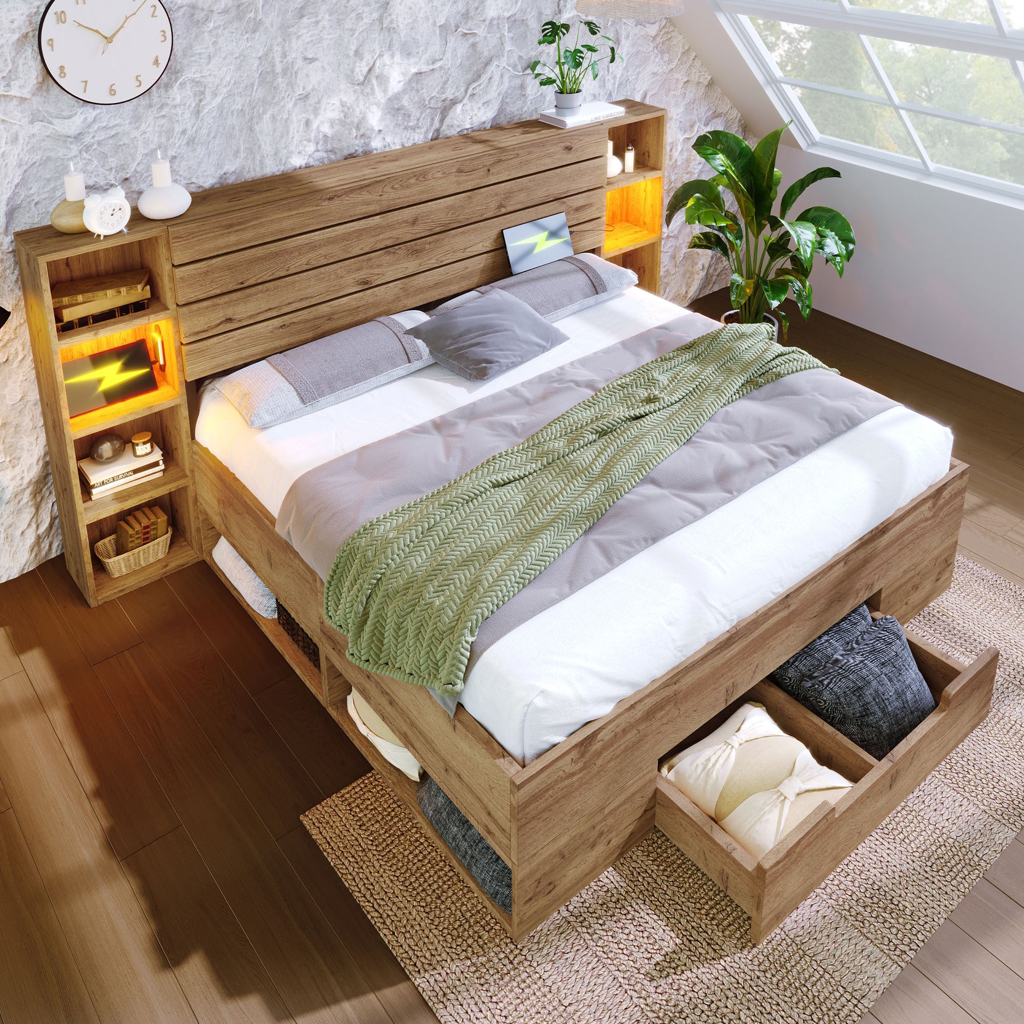 Lit Double 180x200 avec LED et USBC, Lit Industriel avec tête de lit et tiroirs de Rangement, Chêne (Sans Matelas) - 6
