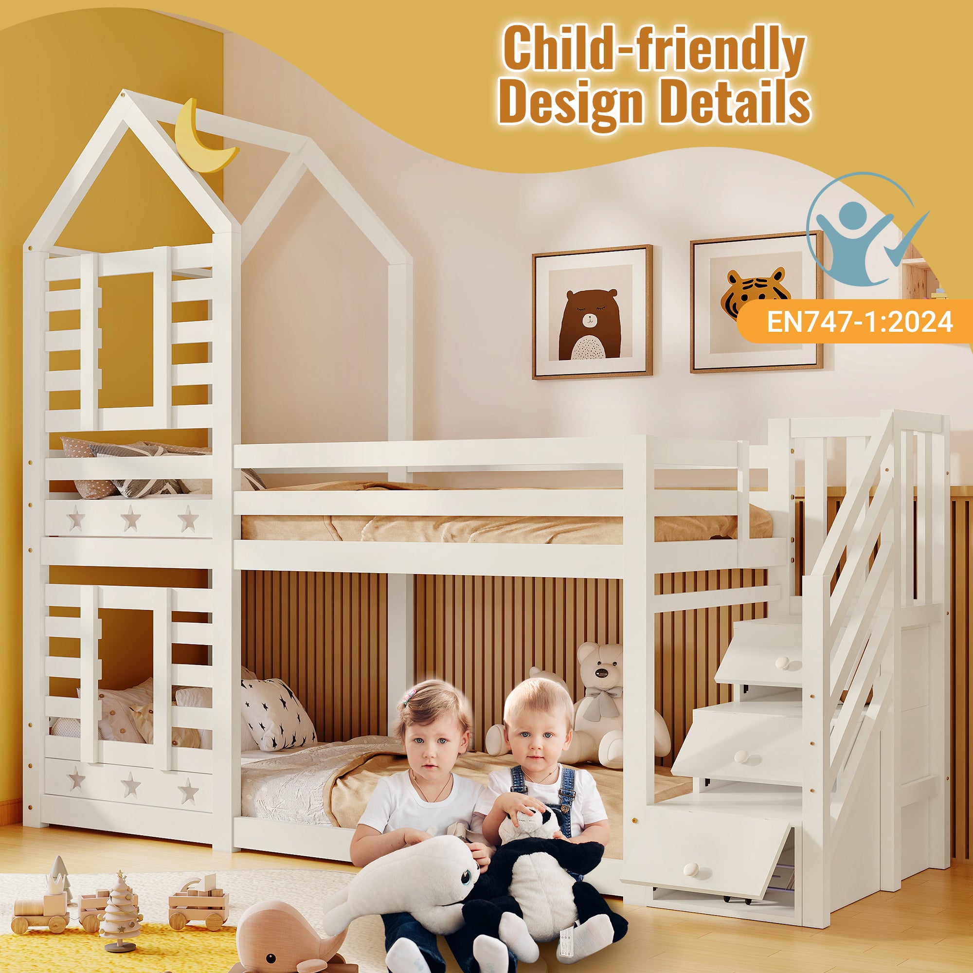Lit Superposé Cabane Avec Toboggan Pour Enfant 6-16 Ans - 90x200 Cm, Métal, Charge 110 Kg