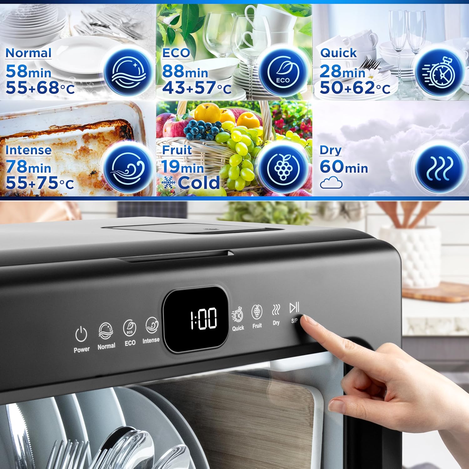Duronic DW10 BK Lave-vaisselle de table 1050W Lave vaisselle posable Gain de place pour petite cuisine 5 programmes Lavage Séchage plats assiettes - 5