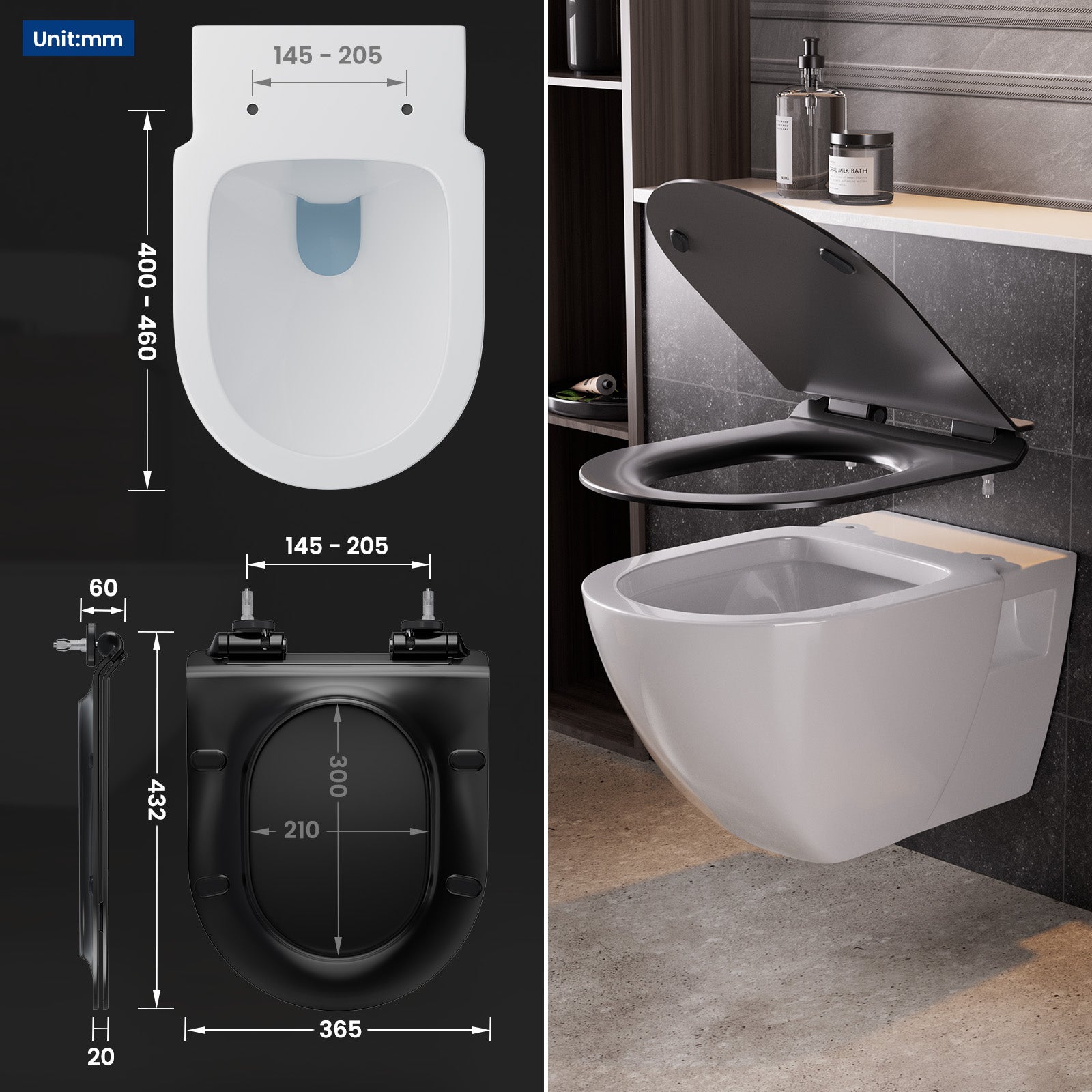 WENKO Abattant WC Sedilo Avec Frein De Chute | Noir Mat | Duroplastique | 36,2x45,2cm | Support 300kg