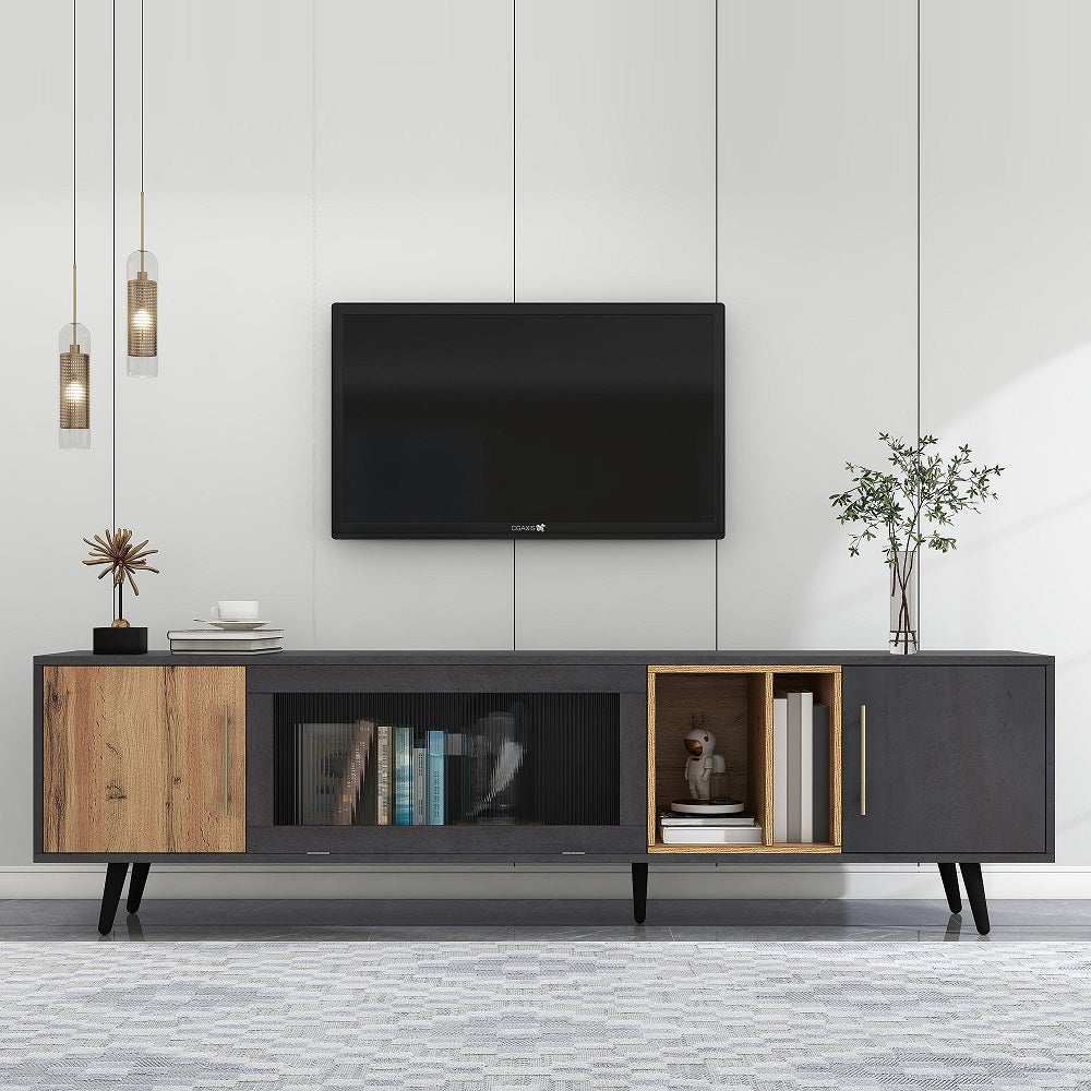 Meuble TV Commode bois foncé et veines du bois convient pour un téléviseur de 90 pouces Élégant gris Meubles de rangement - 2