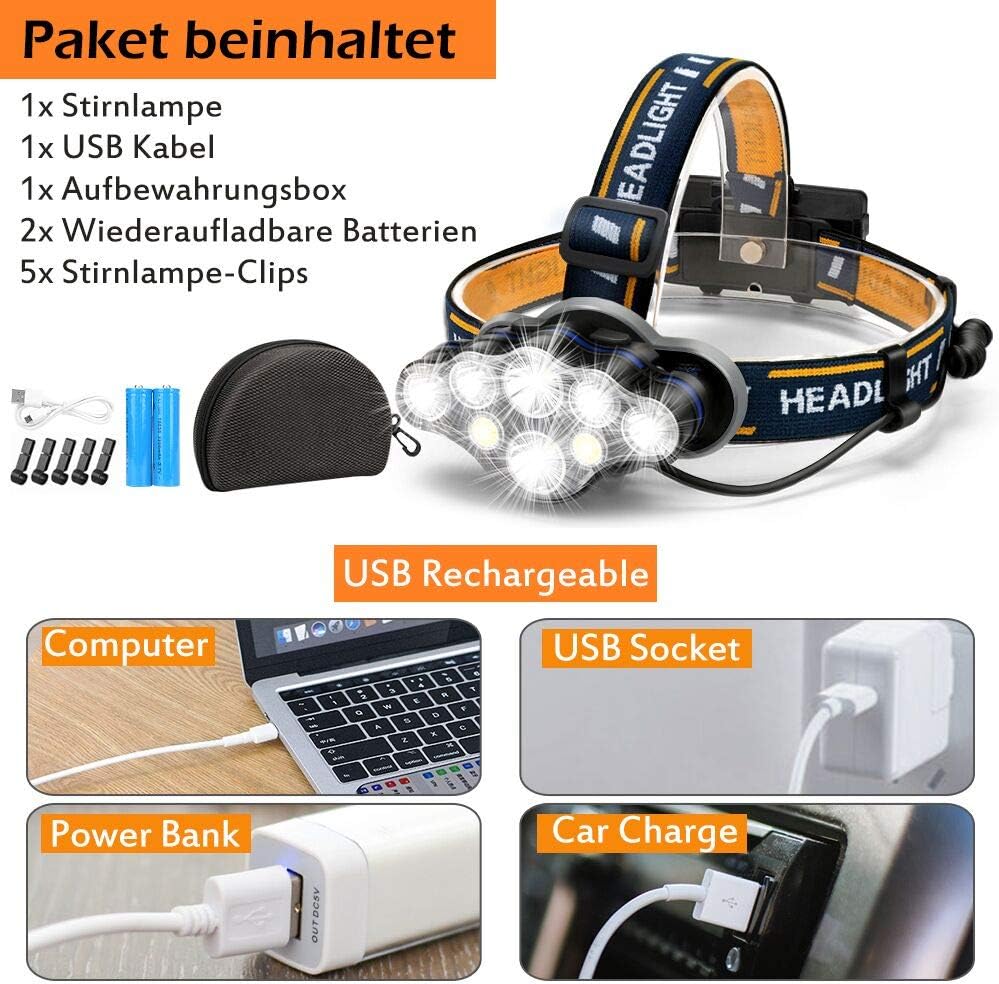 Lampe Frontale LED Rechargeable, Ultra Puissante Lampe à 8 Del de 18000 Lumens, Torche Frontale Étanche et Léger, Parfait pour Le Camping - 5
