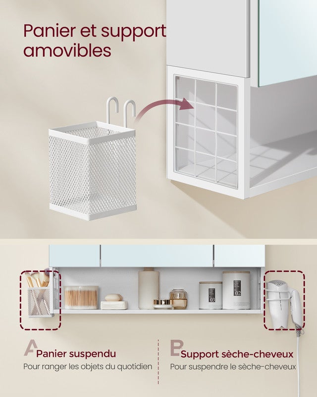 Meuble de Salle de Bain 3 Portes, Armoire Murale avec Miroir, Multiprise, Panier Suspendu, Support pour Sèche-Cheveux, Blanc Nuage - 7