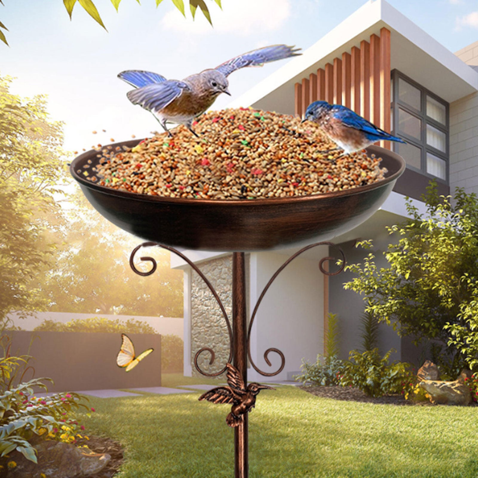 Vasca per uccelli in metallo vintage, a forma di anello, ideale per la decorazione di giardini esterni - 6