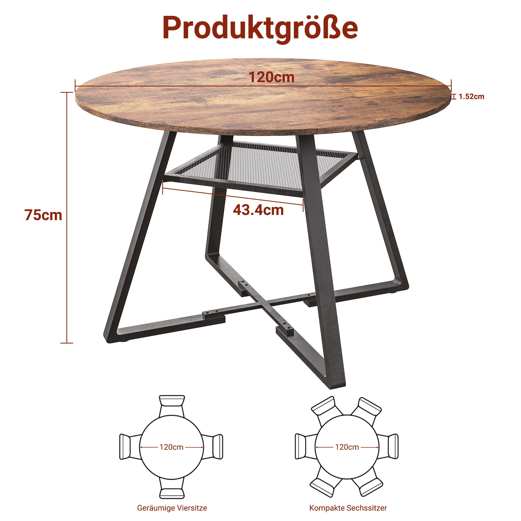Grande Table à Manger Ronde Avec Rangement - Table En Bois Massif (pieds En Métal) - 120 Cm - 4