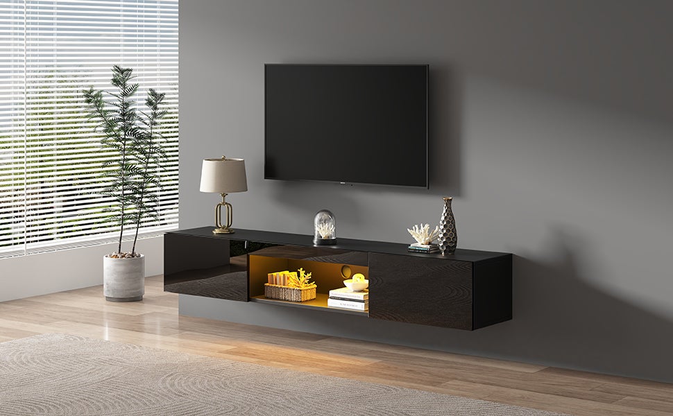 Szafka ścienna pod telewizor z 2 drzwiami i otwartą przegrodą - 160 x 31 x 22 cm - Oświetlenie LED - Płyta wiórowa - Czarny połysk - 7