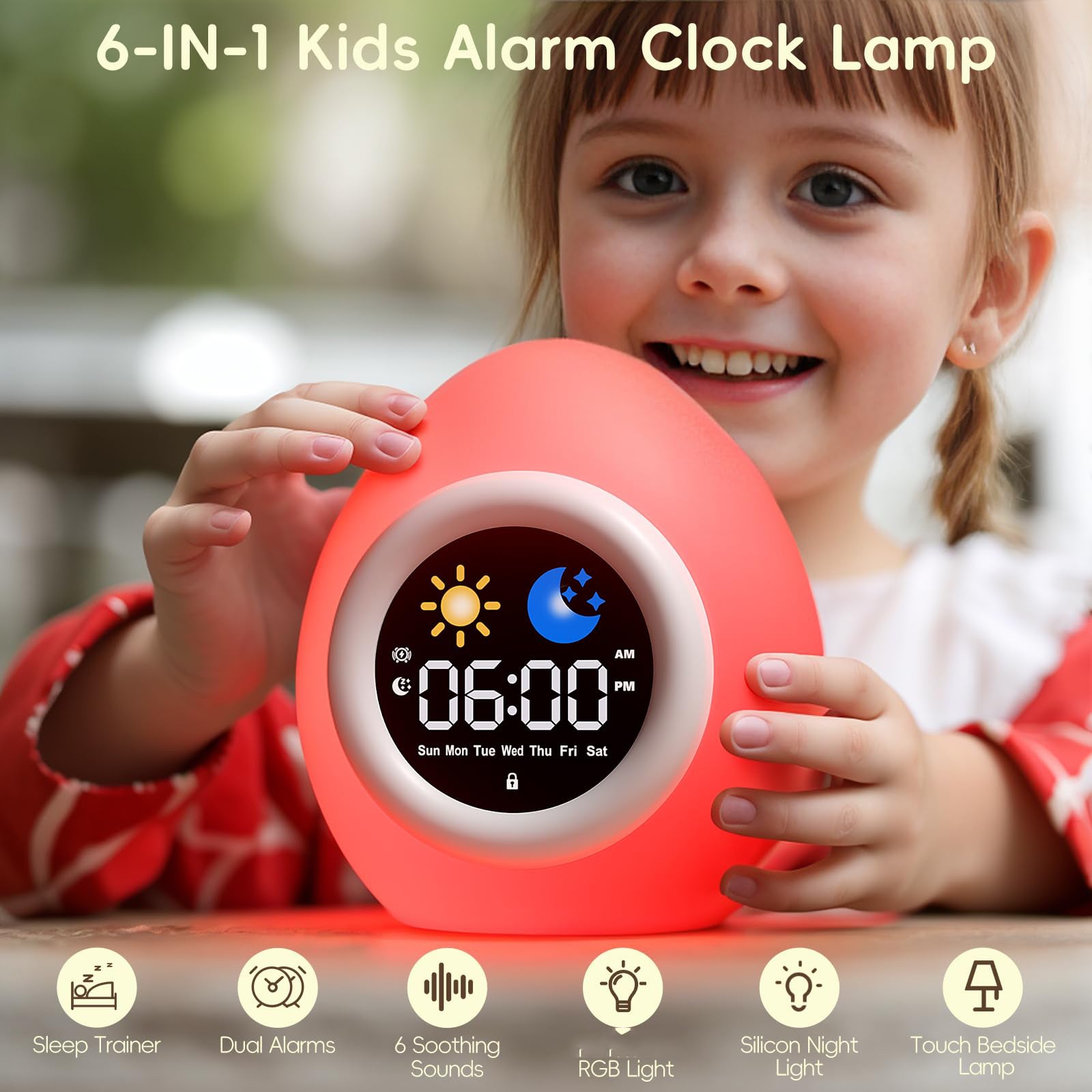 Réveil pour enfants, réveil rechargeable, réveil jour/nuit/fonction snooze/luminosité de l'écran réglable/7 couleurs/6 chansons/arrêt automatique - 2